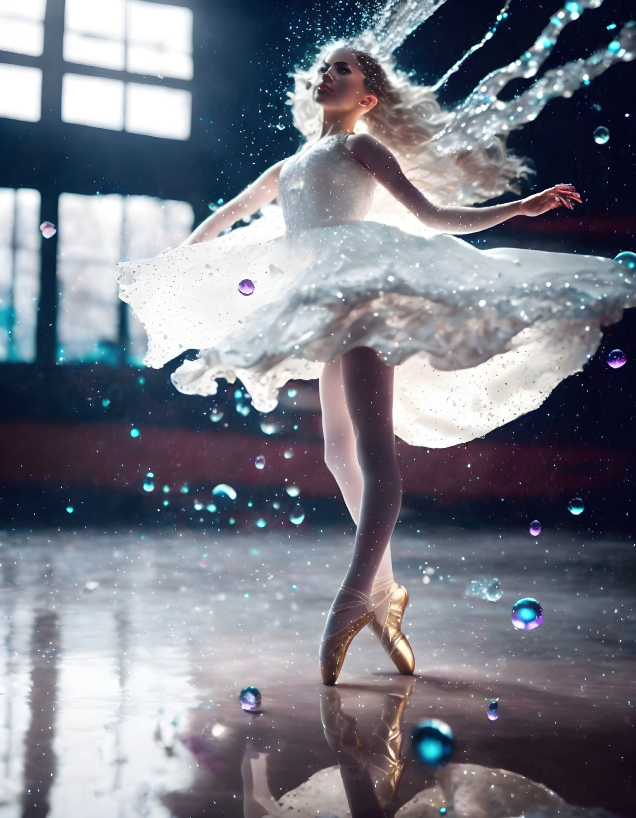 Ballet dancer on pointe with white dress spinning in water splashes and colorful orbs in dimly