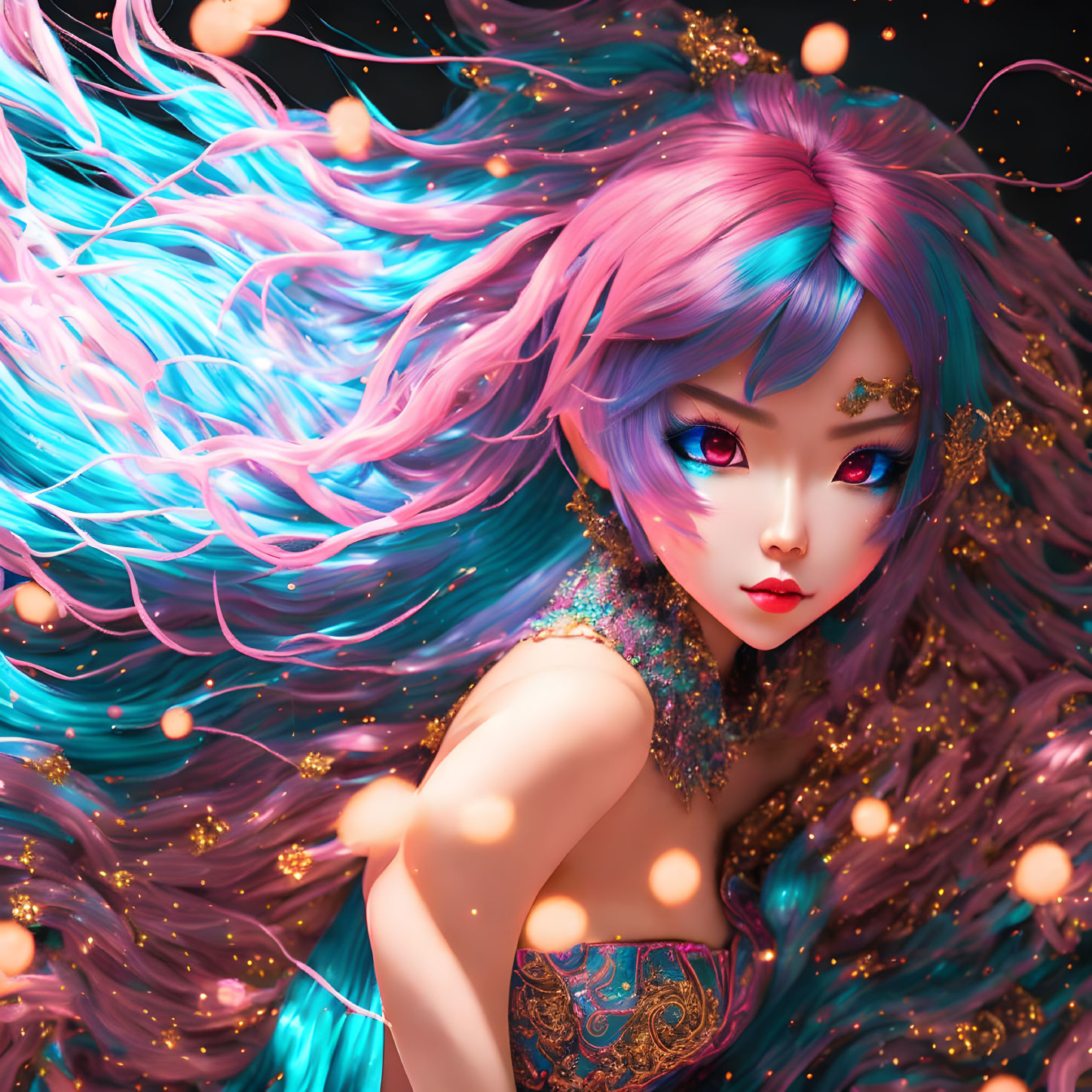 Colorful character art: blue and pink hair, golden details, intricate shoulder garment, sparkling backdrop.