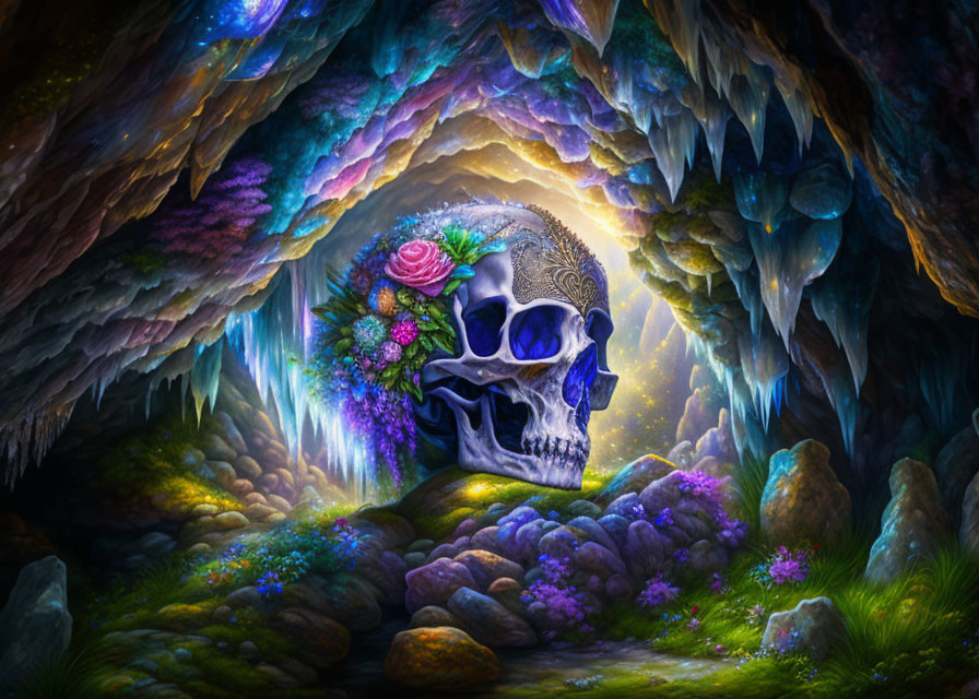 Colorful skull illustration in mystical cavern with crystals and flowers