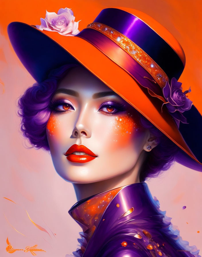 Stylized portrait of woman with purple hair and orange flower hat on orange backdrop