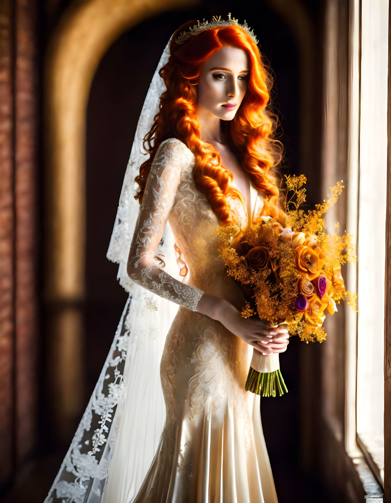 Red-haired bride in lace dress and tiara with yellow flower bouquet by window.