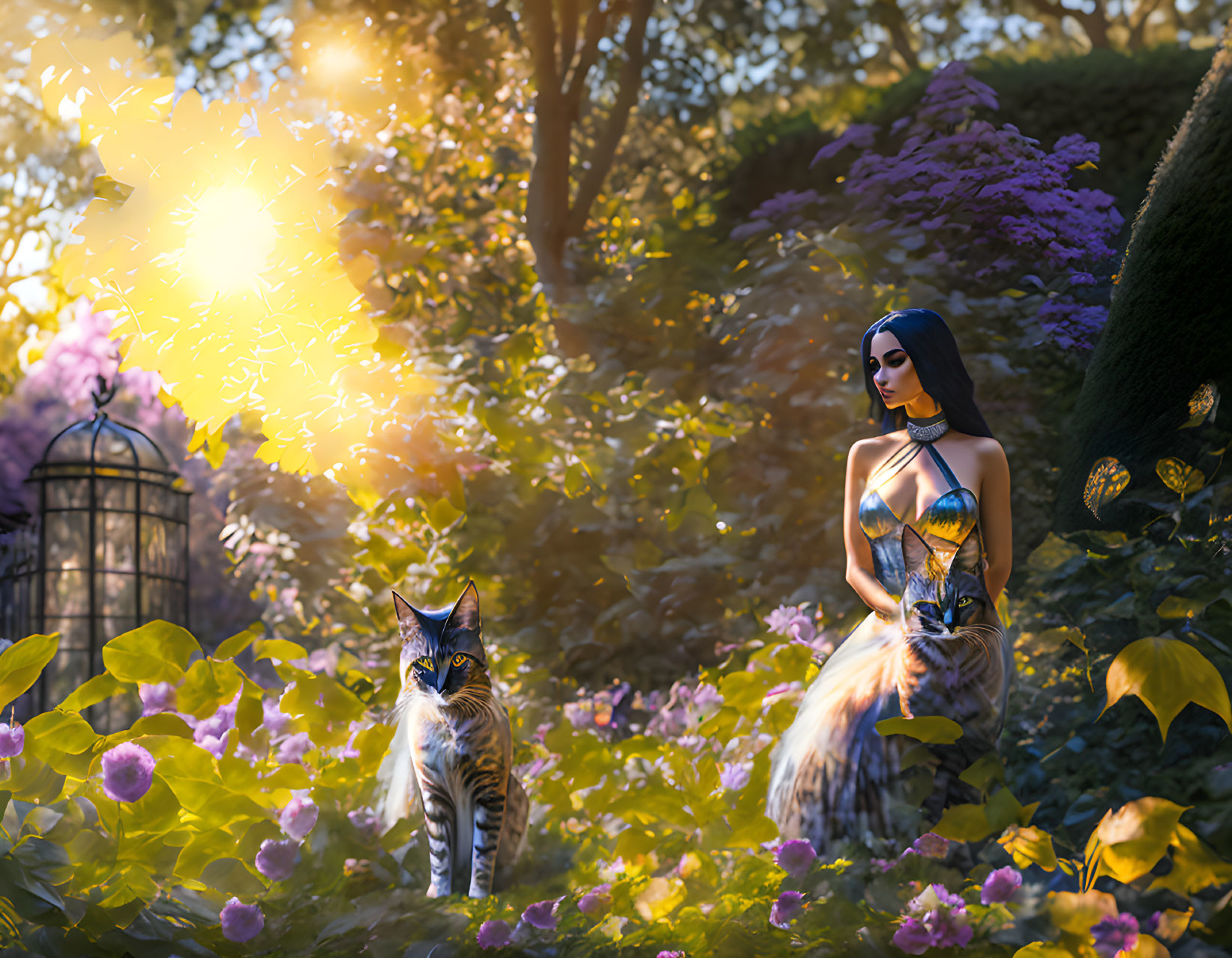 Woman and cat in lush garden with blooming flowers and soft glowing light.