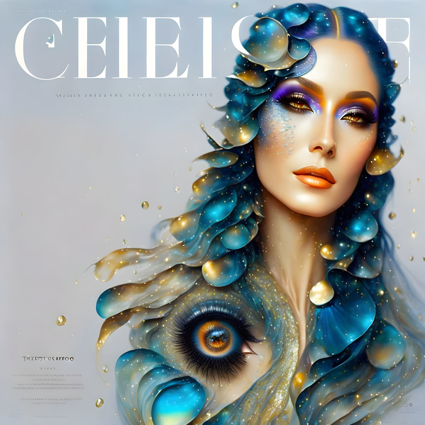 Fantasy-themed digital artwork of a woman with blue aquatic elements and makeup.