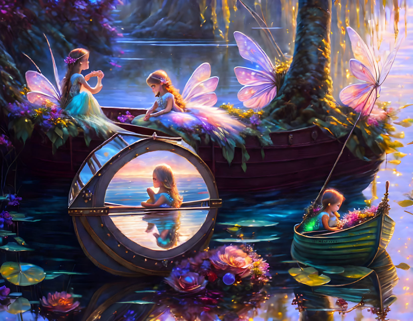 Three glowing-winged fairies on boats among flowers and lily pads, one gazing at reflection