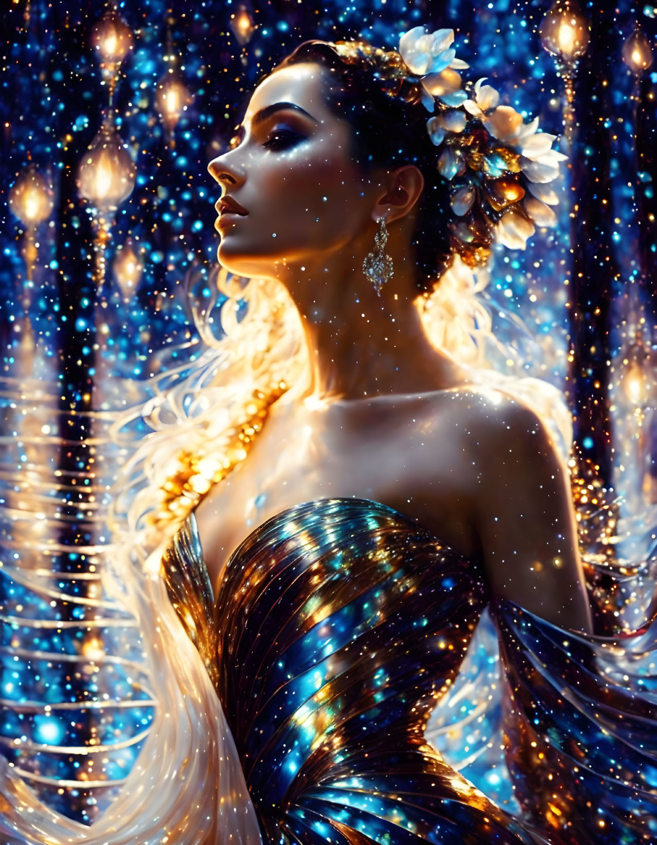 Woman with flower-adorned hair and sparkling earrings in shimmering gown against twinkling lights