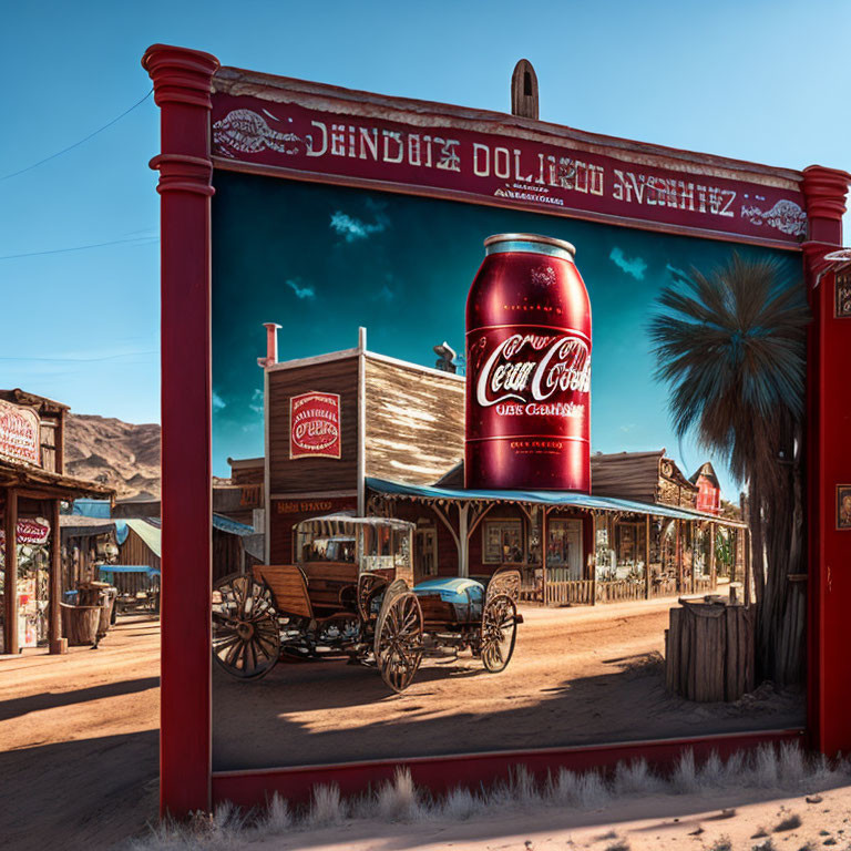 Vintage Western town street with horse-drawn wagon and Coca-Cola billboard