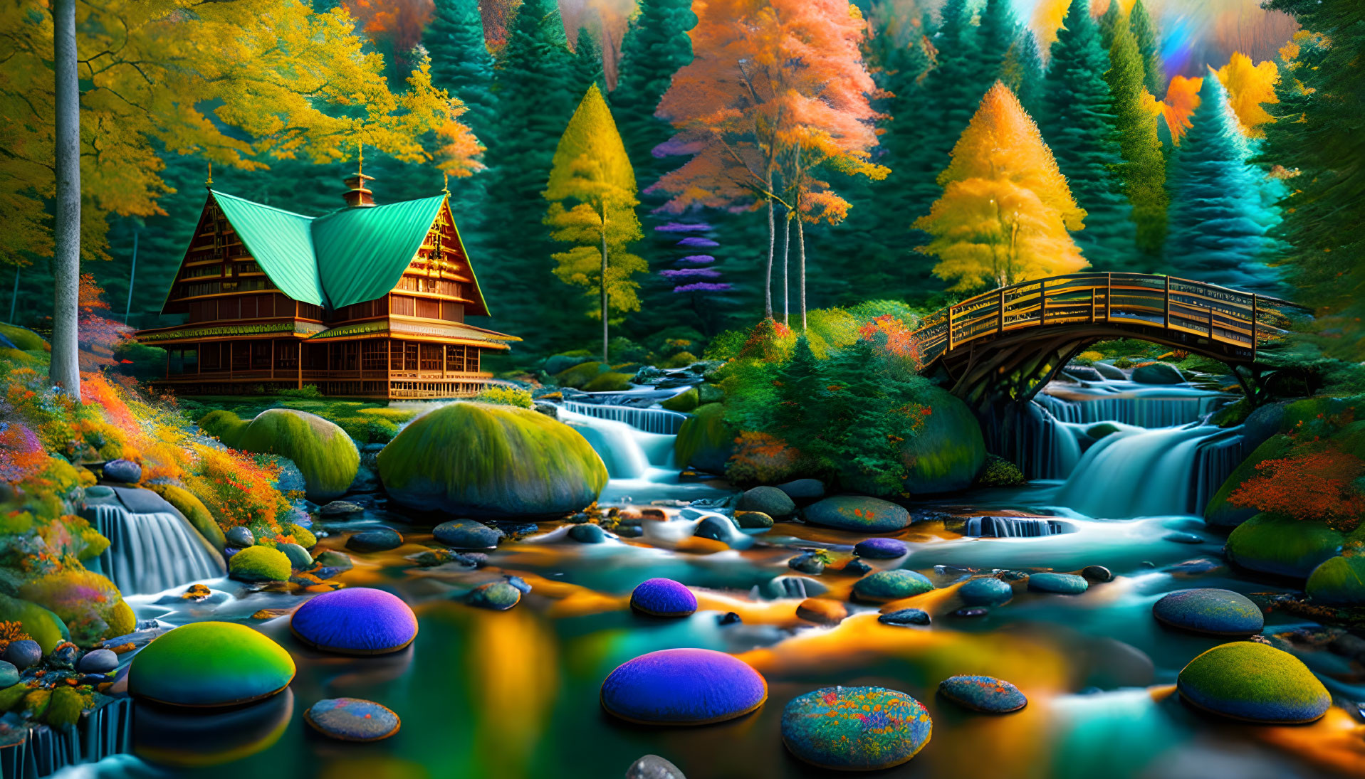 Scenic autumn forest with traditional house, streams, colorful trees, and wooden bridge