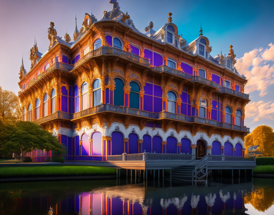 Opulent multi-tiered building with intricate blue and gold architecture at sunset