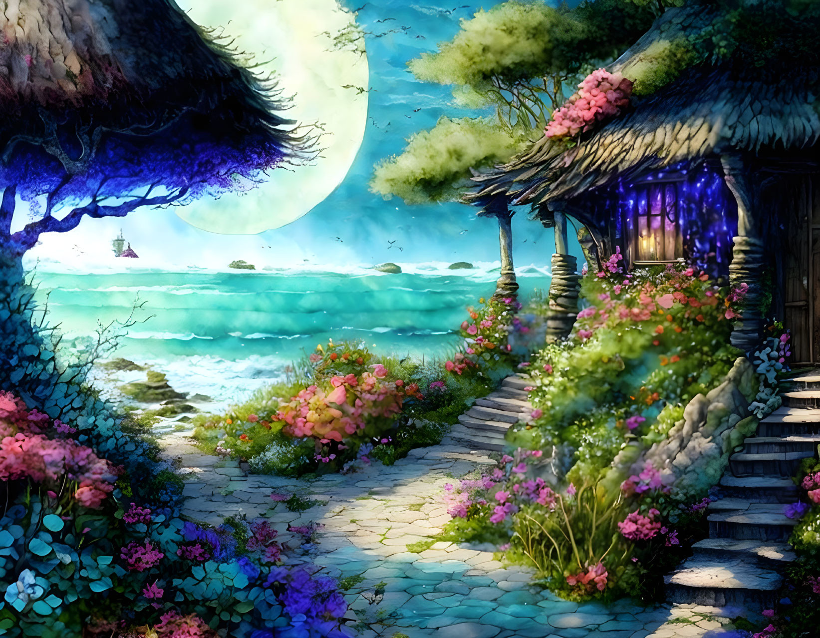 Fantasy coastal scene at night: thatched huts, glowing moon, vibrant sea, colorful flowers