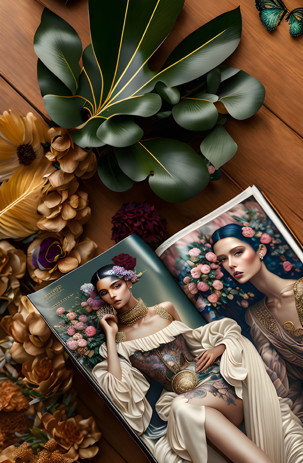 Woman's portrait surrounded by colorful flowers and leaves on wooden surface