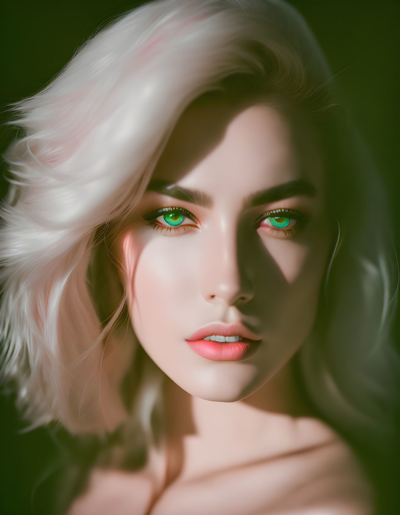 Portrait of a Woman with Green Eyes and White Hair