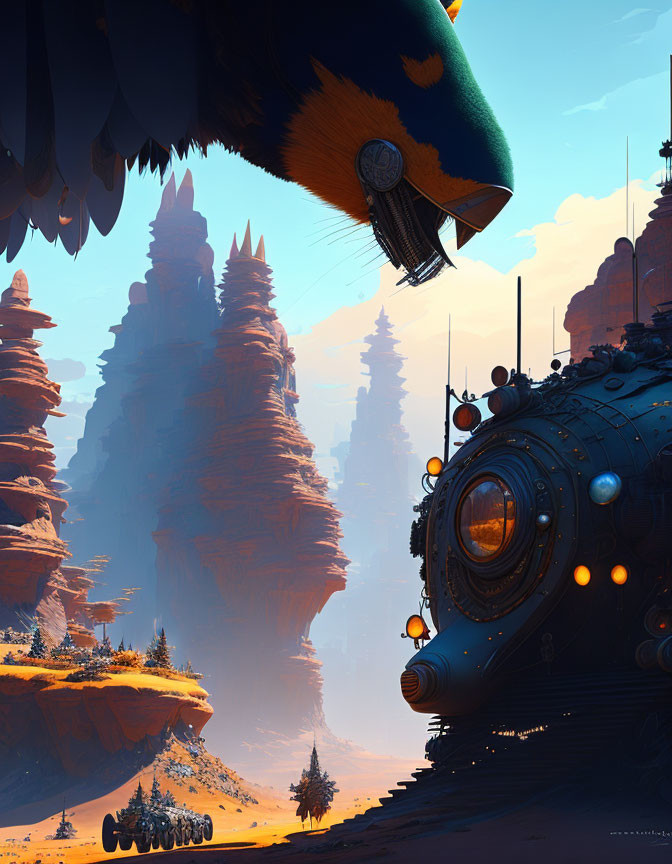 Fantastical landscape with floating fish-like creature and futuristic submarine vehicle among rock formations