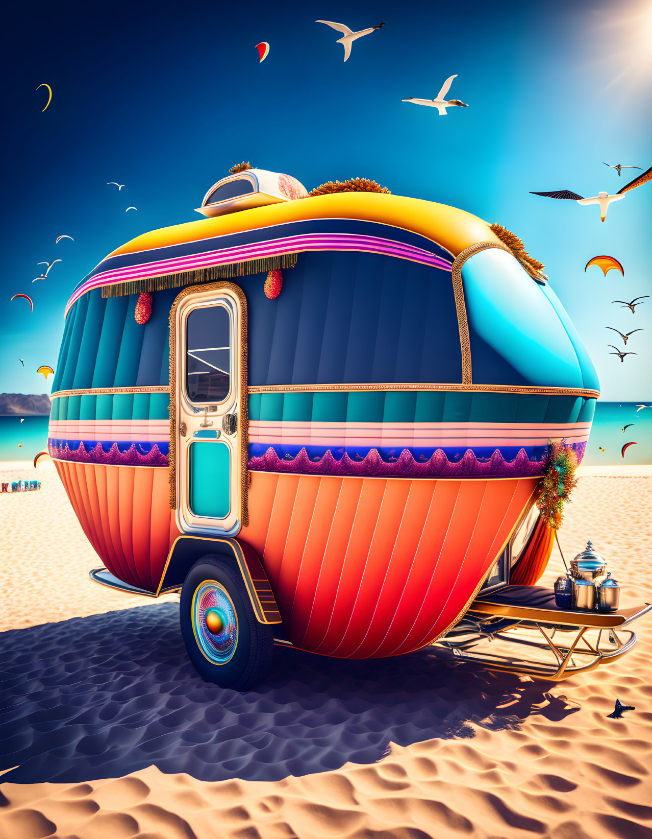 Colorful Hot Air Balloon Caravan on Beach with Seagulls