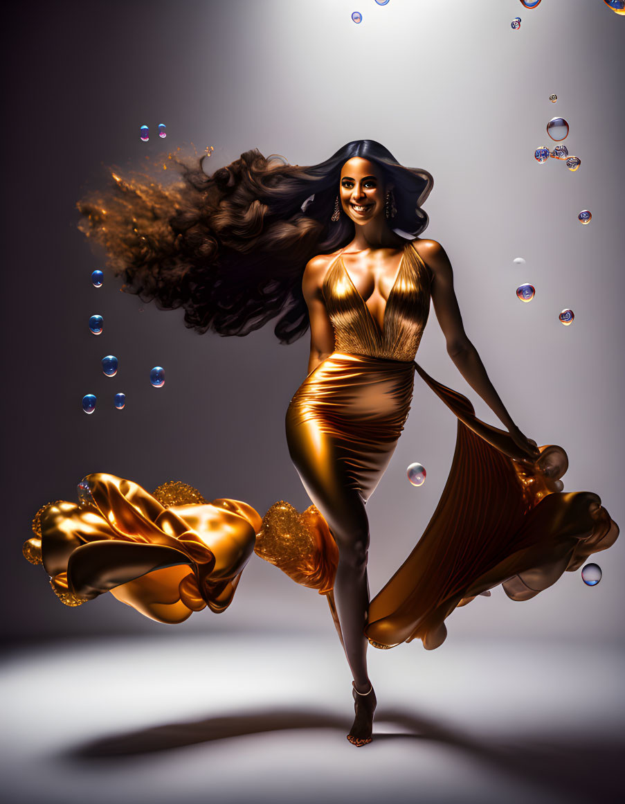 Radiant woman in gold dress surrounded by bubbles on soft-lit background