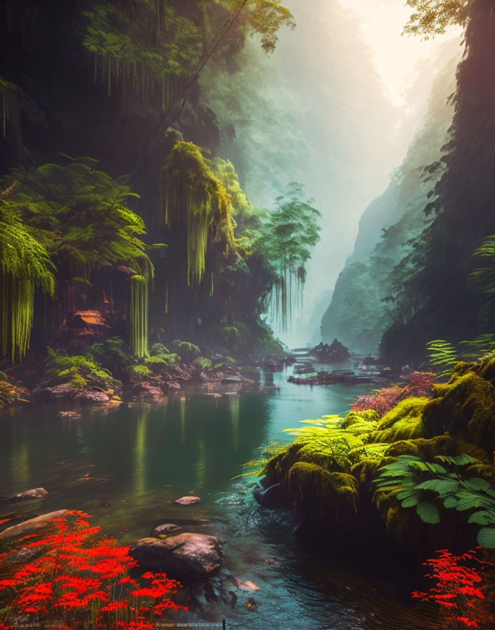 Tranquil river in misty canyon with hanging vegetation and vibrant red flowers