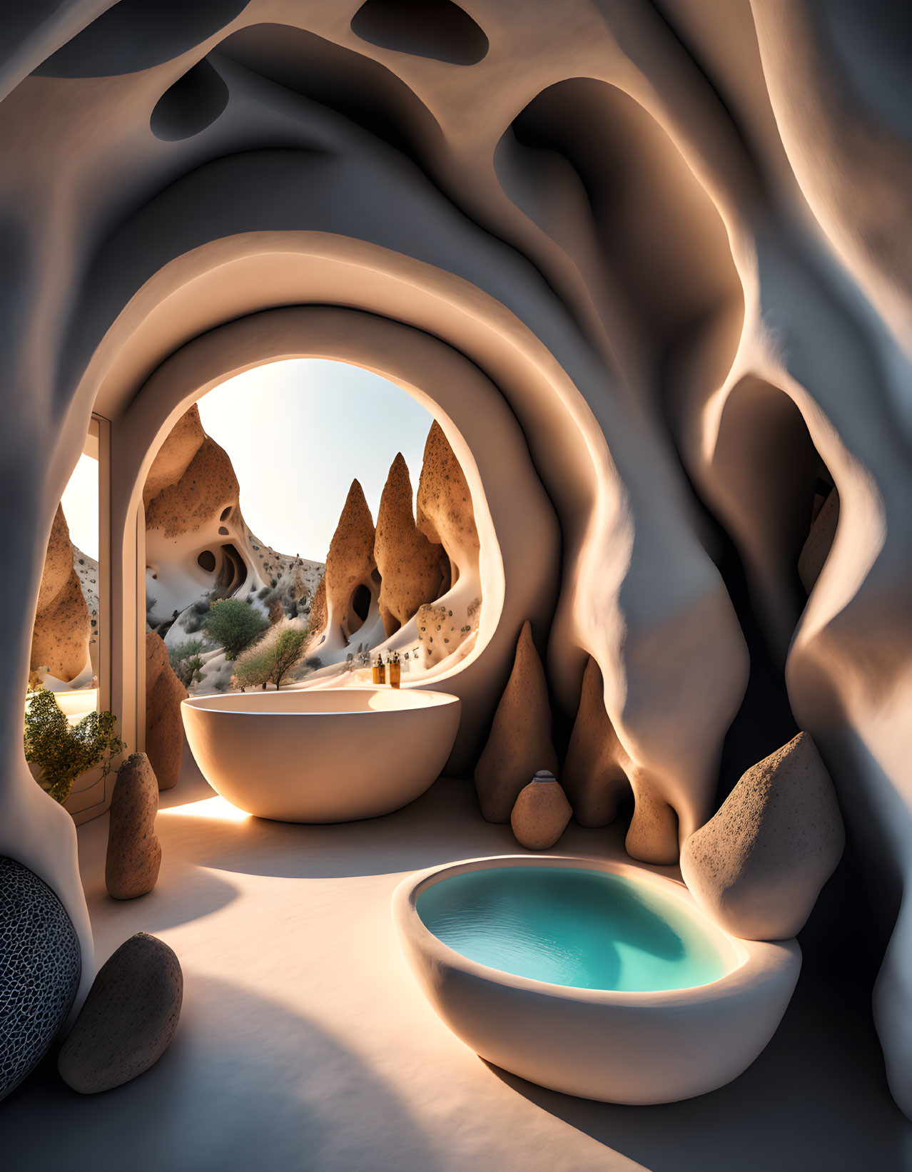 Unique Rock Formations Overlooking Desert Landscape in Surreal Cave Interior