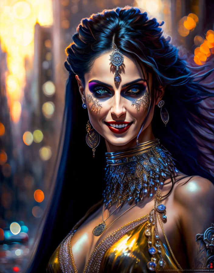 Dark-haired woman in golden outfit with ornate jewelry against city lights backdrop.