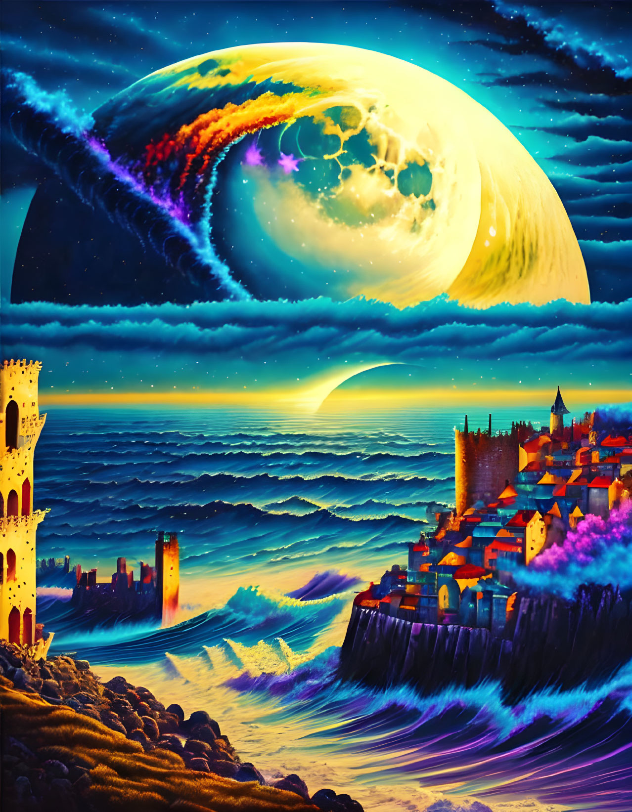 Surreal artwork: Giant moon over medieval castle & crashing waves