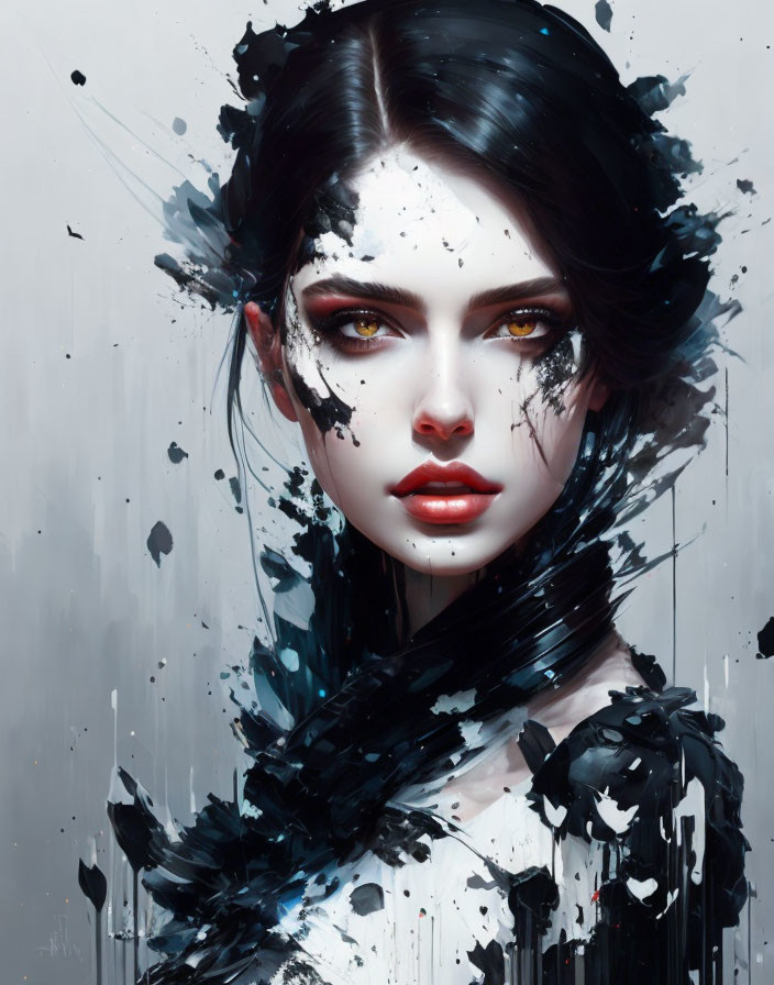 Digital painting of woman with dark hair and red lips obscured by dynamic black splashes