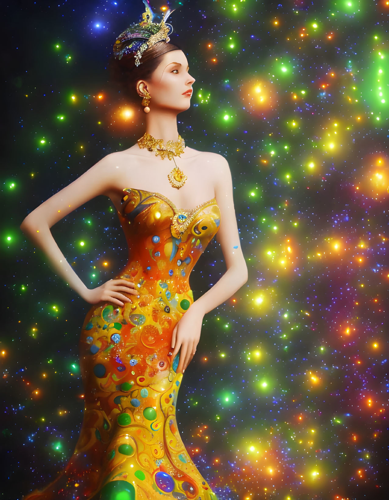 Woman in galaxy-themed gown with celestial jewelry on starry background