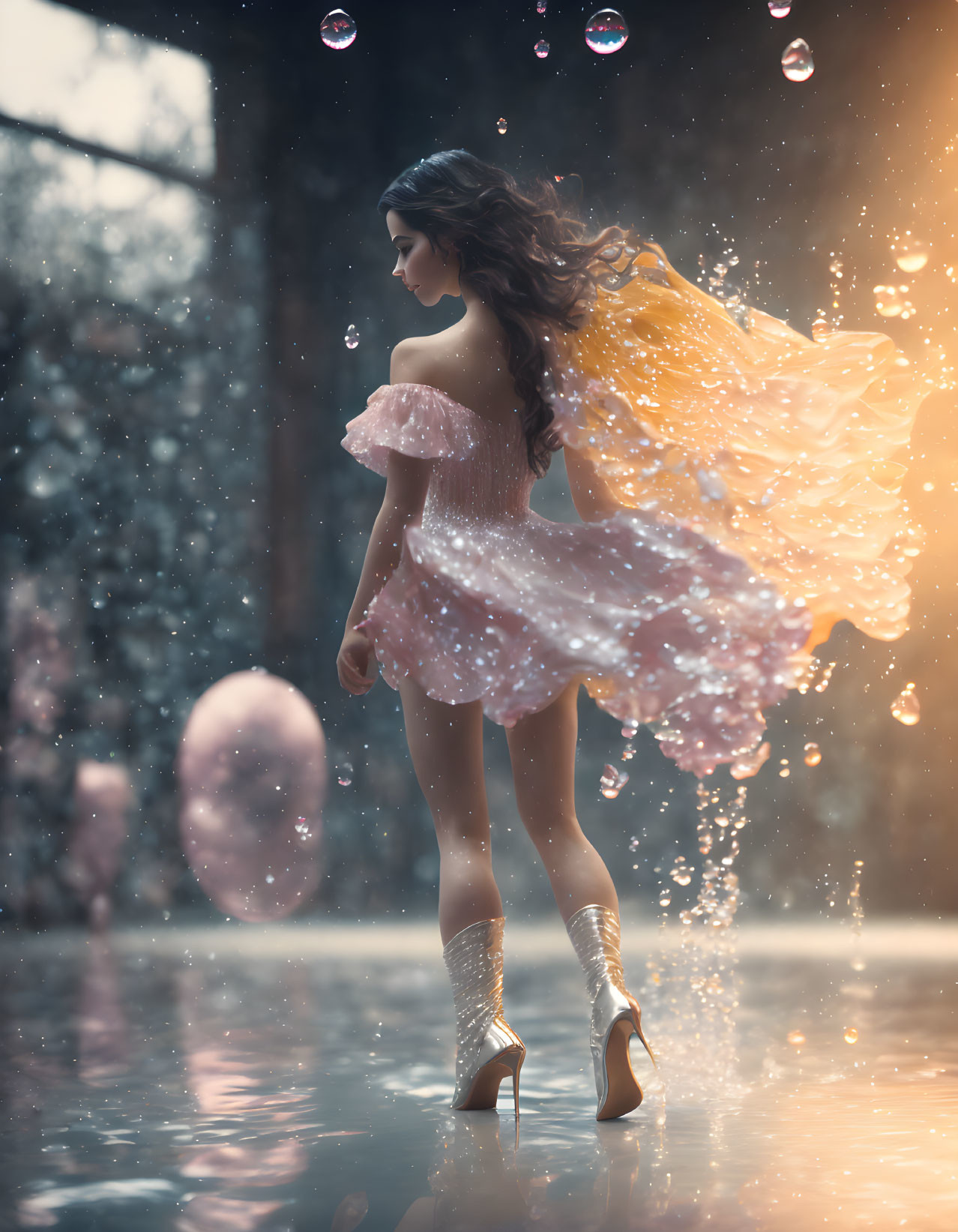 Ethereal woman in pink dress and golden heels surrounded by bubbles and snow flurry