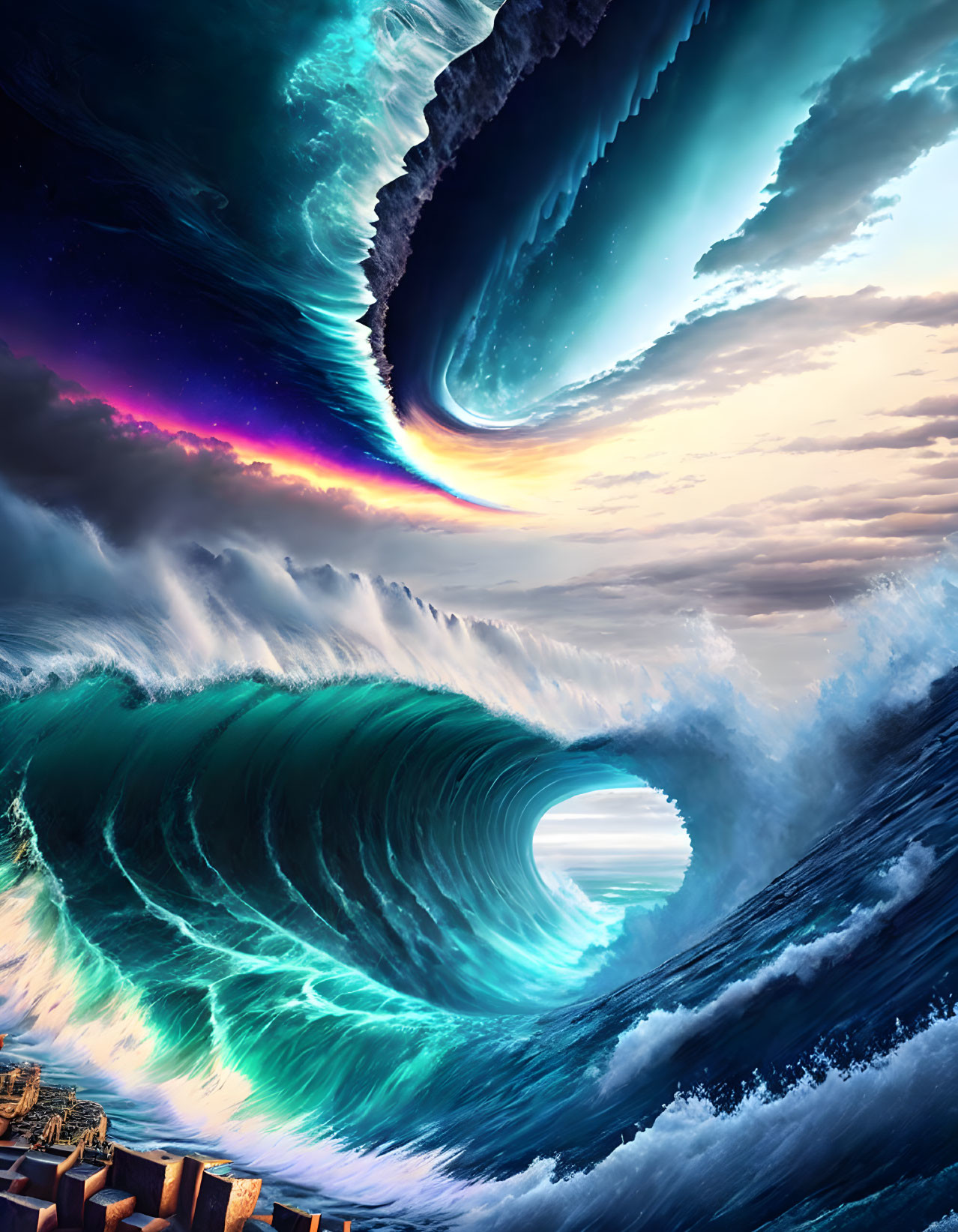 Colossal Wave Spiraling Tunnel with Dramatic Sky