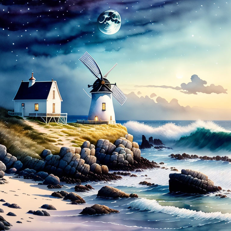 Coastal Night Scene: Lighthouse, Windmill, Waves, Moon