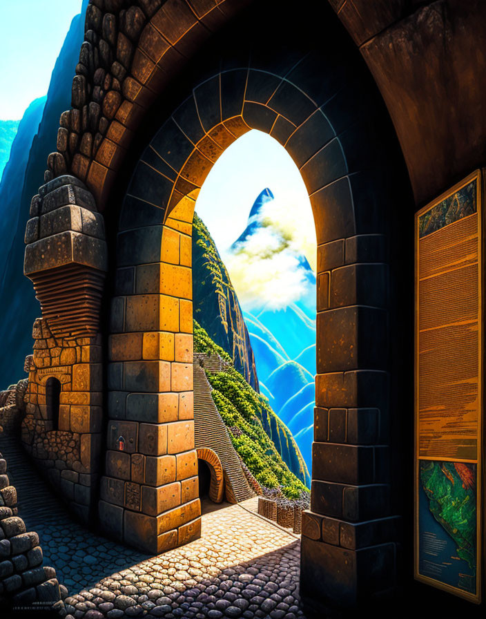 Stone Archway with Mountain Vista and Information Board in Vibrant Setting