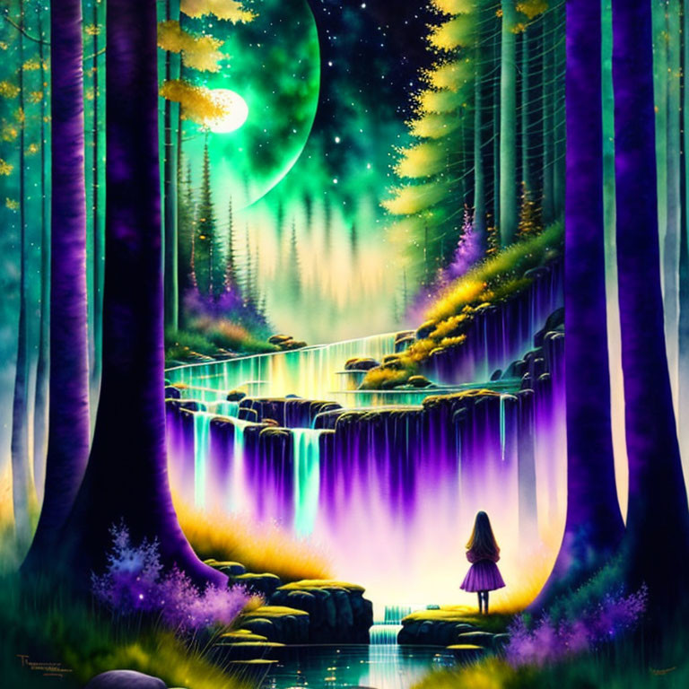 Enchanting forest scene with girl, mystical waterfall, glowing sky