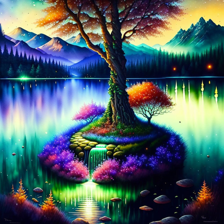 Colorful tree painting on island with purple flora, lake reflection, mountains, starry sky