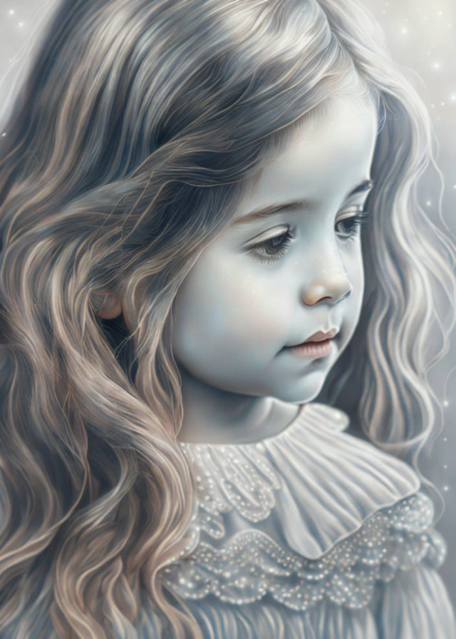 Digital portrait of a girl with wavy hair and ruffled dress in soft tones