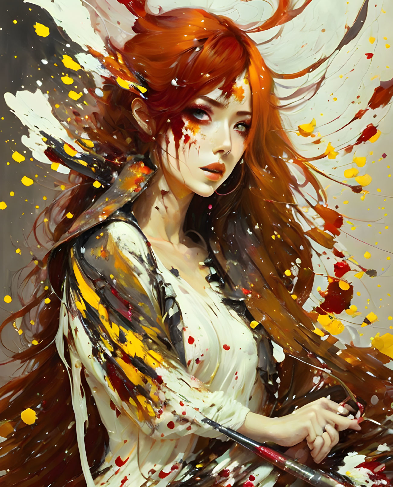 Colorful painting of woman with flowing red hair in dynamic splashes