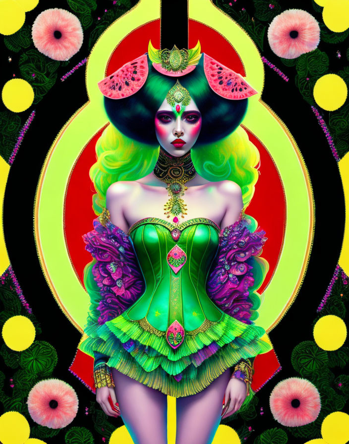 Colorful digital art: woman with green hair in ornate outfit, watermelon headgear, psychedelic