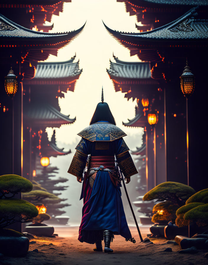 Samurai in traditional armor near ancient temple with lanterns and bonsai trees