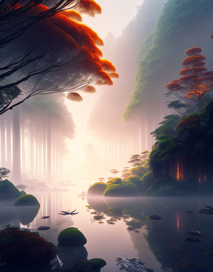 Tranquil Misty Forest with Towering Trees and Reflective Water