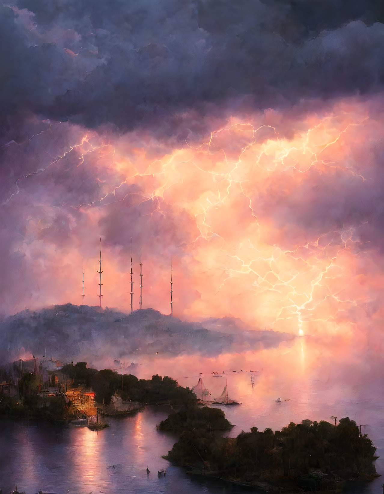 Coastal City Scene: Stormy Sky, Lightning Bolt, Dark Clouds