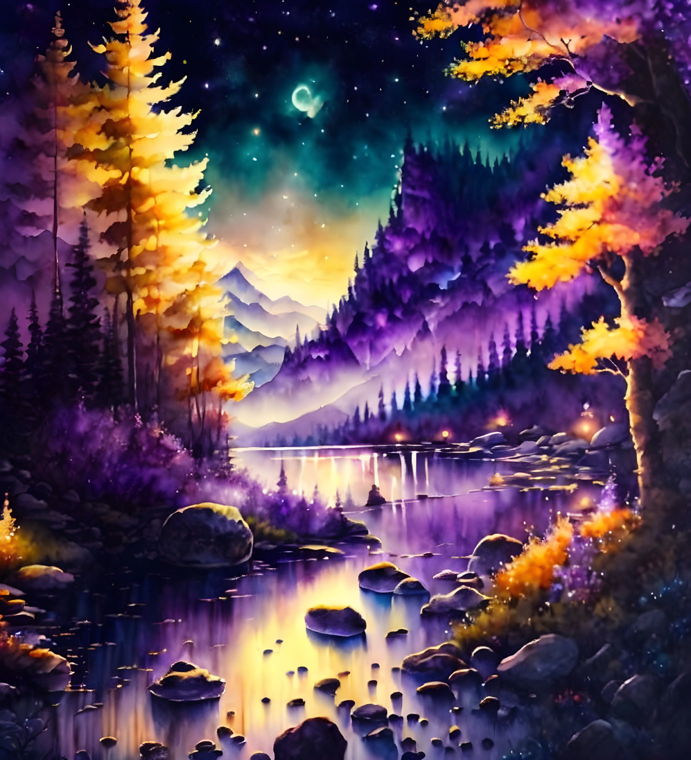 Luminous trees, serene river, mountains & starry sky with crescent moon