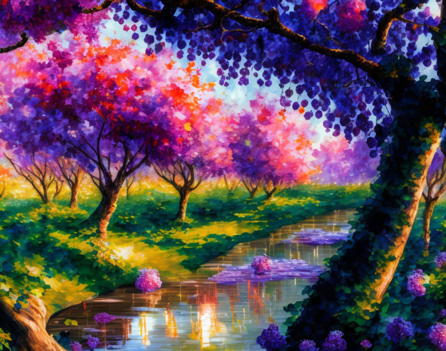 Colorful landscape painting: blossoms, river, and greenery