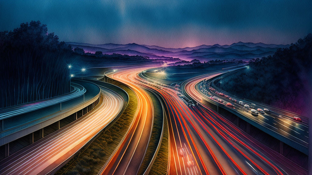 Colorful streaks of traffic lights on busy highway at dusk