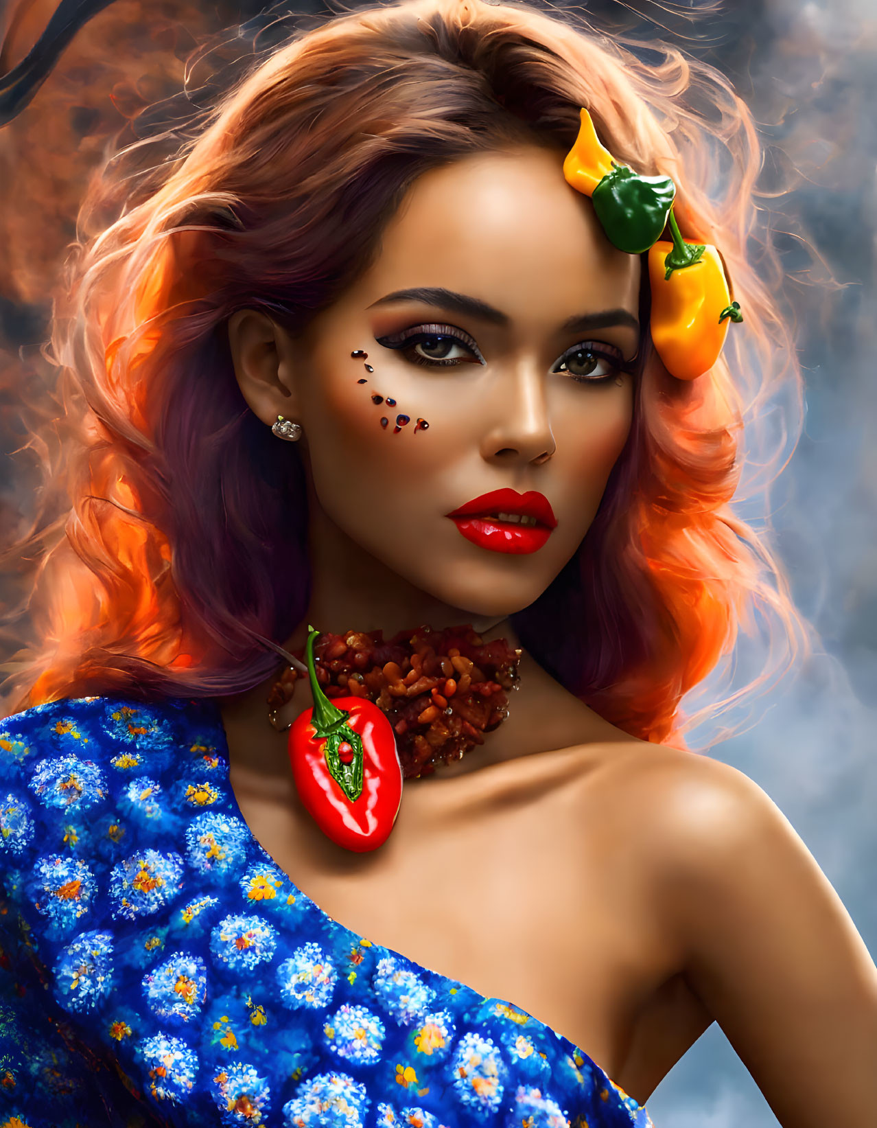 Colorful Hair Woman with Pepper-themed Makeup on Smoky Background