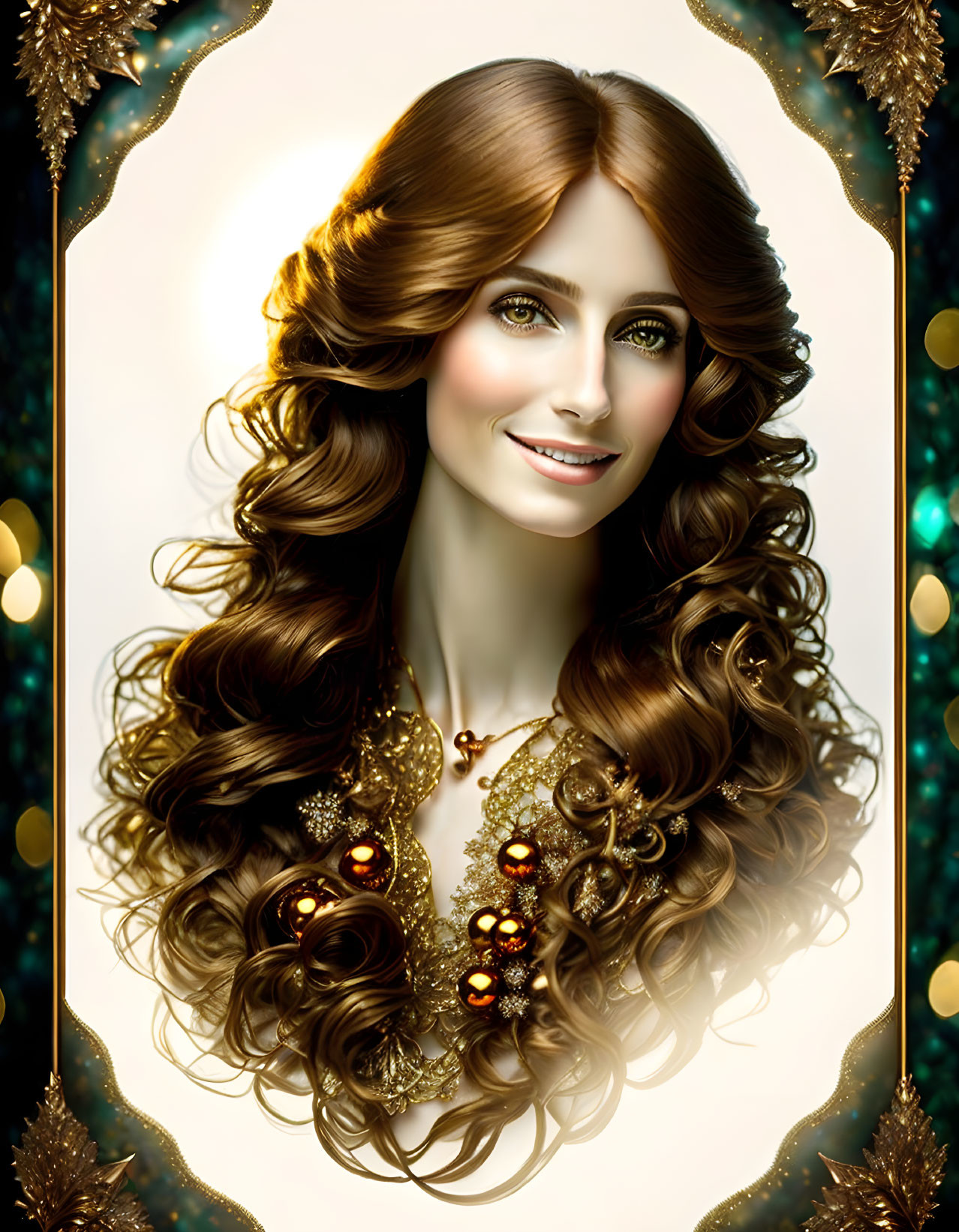 Illustration of woman with wavy brown hair, green eyes, radiant smile, golden details.