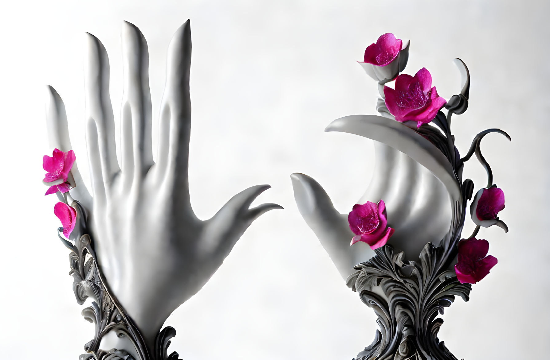 White hand sculptures with extended fingers, dark ornate details, and pink flowers on light background