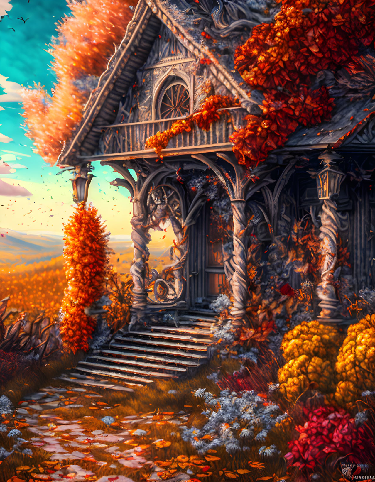 Rustic wooden house in autumnal setting with vibrant leaves and golden sky