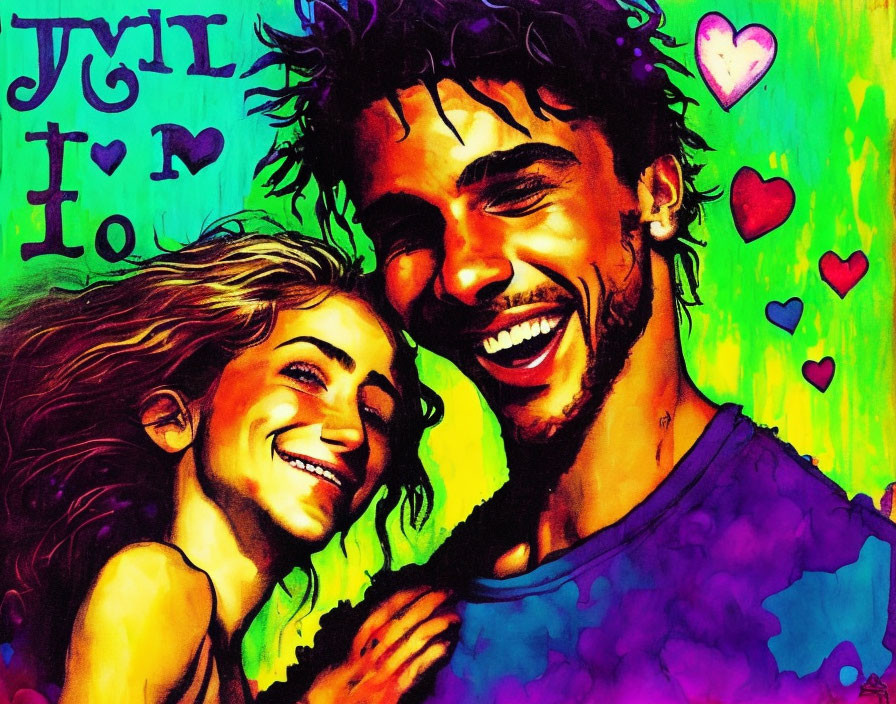 Vibrant artwork: Smiling couple surrounded by hearts symbolizing love.