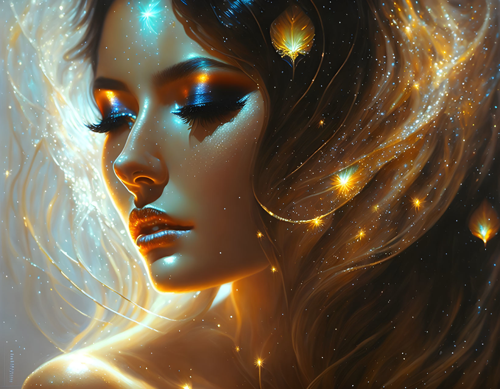 Digital portrait of a woman with luminous skin and flowing golden hair in celestial setting