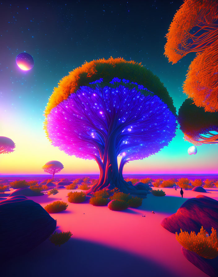 Surreal landscape with illuminated tree and multiple moons