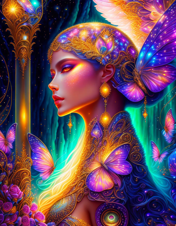 Colorful fantasy-themed artwork of a woman with glowing butterflies and intricate ornaments