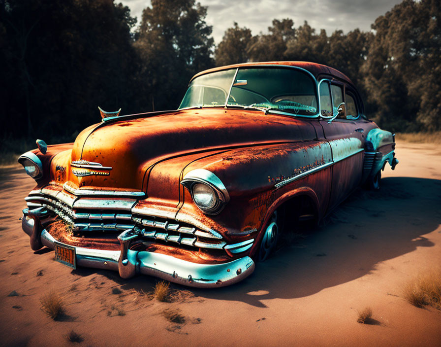 Rusted vintage car abandoned in sandy sunset setting