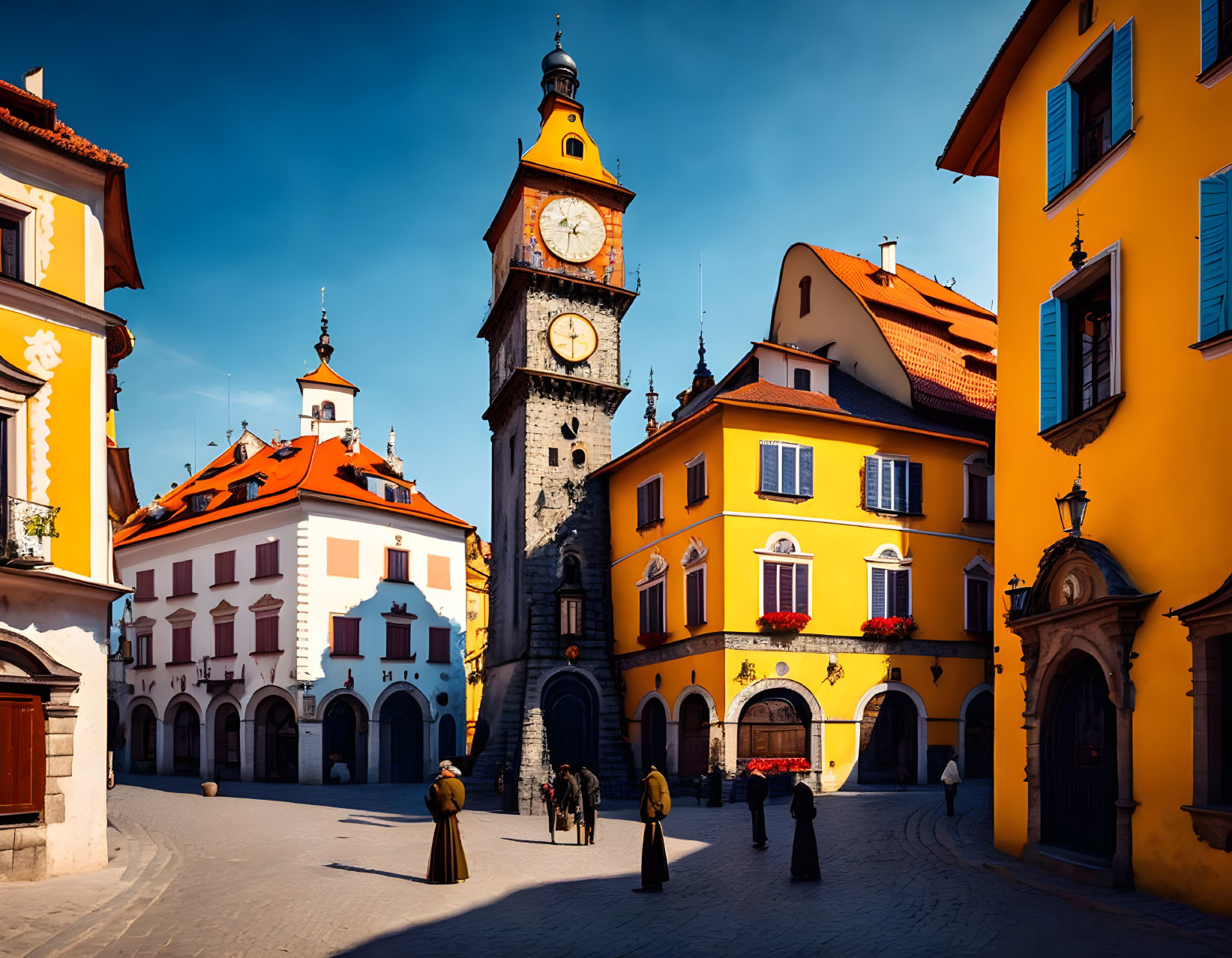 Historic clock tower and colorful buildings in a European town square