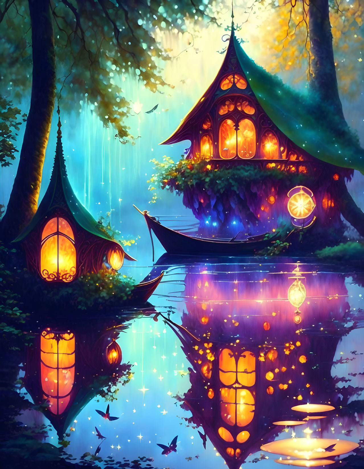 Nighttime forest scene with whimsical treehouses, serene lake, boat, and floating lanterns